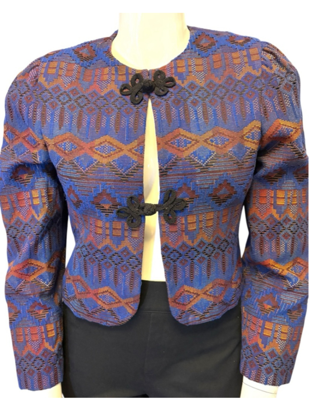 Vintage 80s Blue Copper Jacquard Cropped Evening Jacket,M, Frog Closure Boutique - Picture 2 of 13